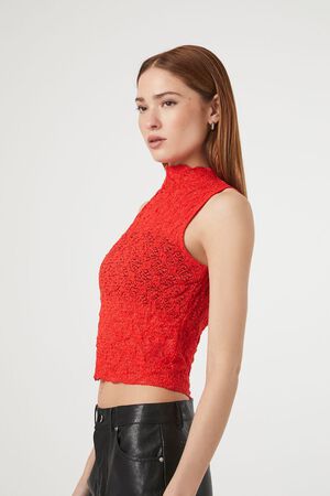 RED Mock Neck Lace Crop Top, image 2