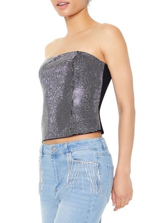 BLACK/SILVER Cropped Rhinestone Tube Top, image 2