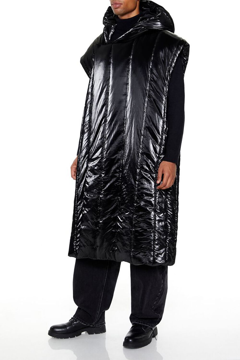 BLACK Hooded Longline Puffer Vest, image 3