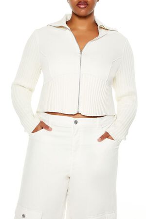 CREAM Plus Size Cropped Zip-Up Sweater, image 1