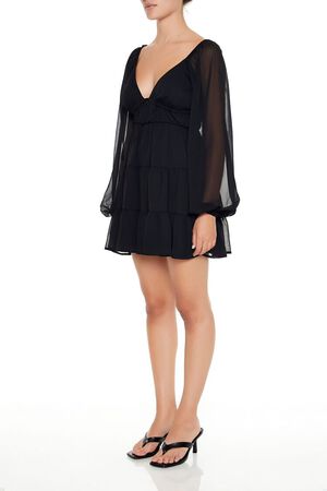 BLACK Plunging Tiered Babydoll Dress, image 3
