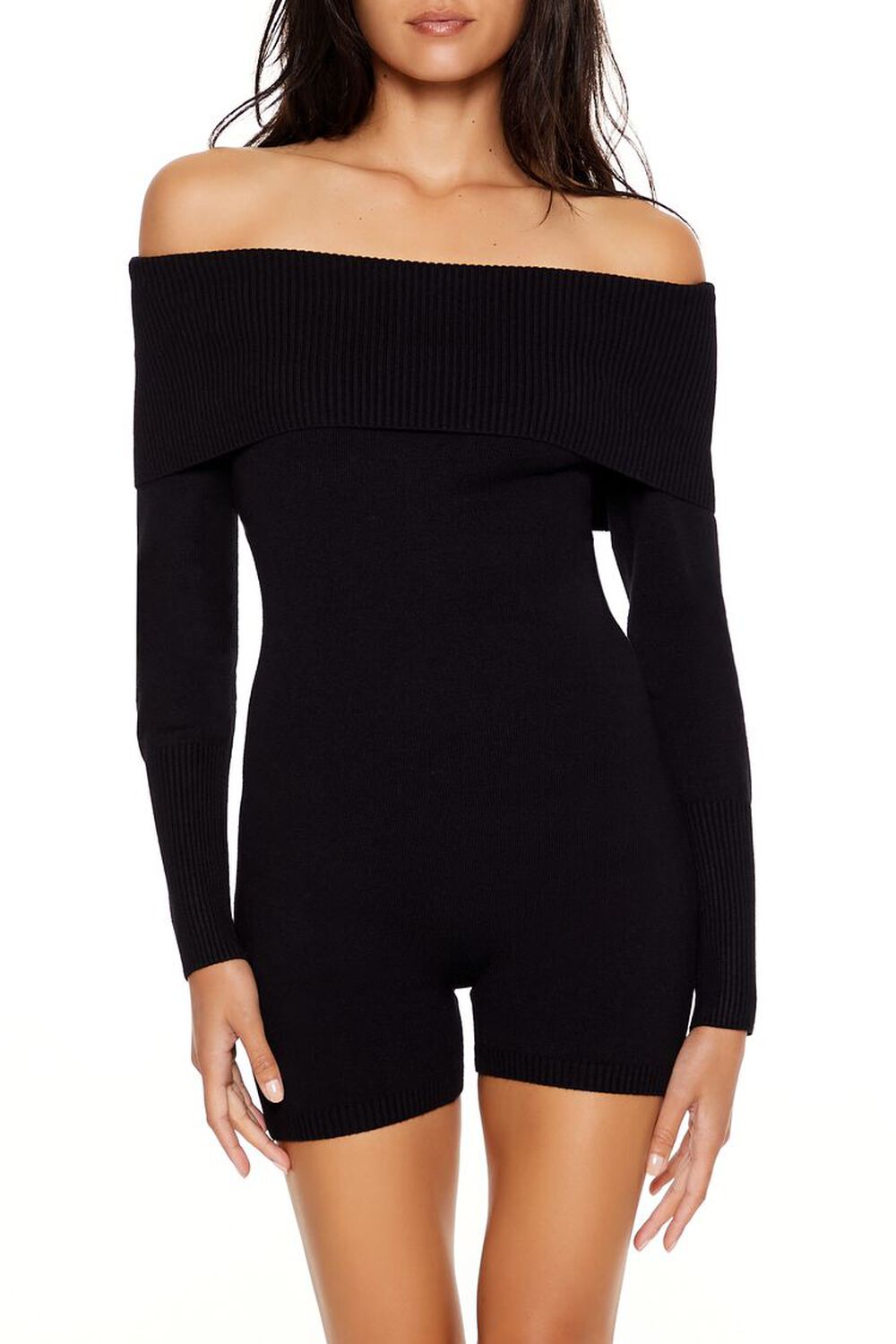 BLACK Sweater-Knit Off-the-Shoulder Romper, image 2