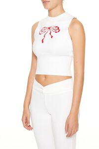 WHITE/RED Sweater-Knit Bow Crop Top, image 4