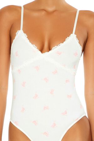 WHITE/PINK Ice Skate Print Lingerie Bodysuit, image 3