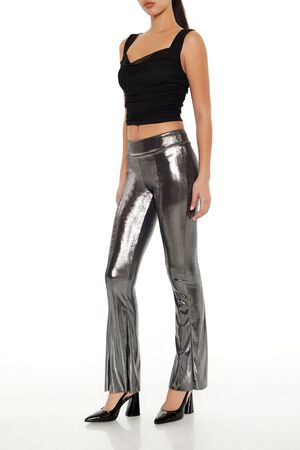 SILVER Metallic Mid-Rise Flare Leggings, image 3