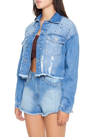 MEDIUM DENIM Studded Denim Trucker Jacket, image 2