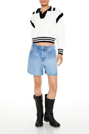 WHITE/BLACK Varsity-Striped Cropped Sweater, image 2