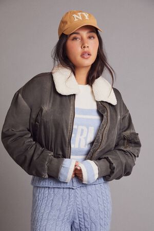 DARK BROWN Oil Wash Cropped Bomber Jacket, image 1