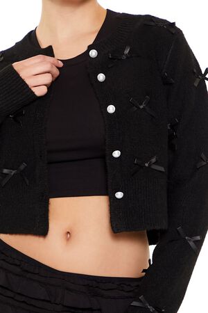 BLACK Bow & Faux Pearl Cardigan Sweater, image 3