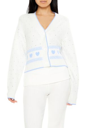WHITE/MULTI Fair Isle Heart Cardigan Sweater, image 1