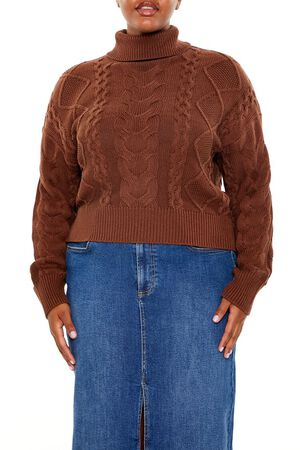 BROWN Plus Size Cable Knit Turtleneck Sweater, image 1