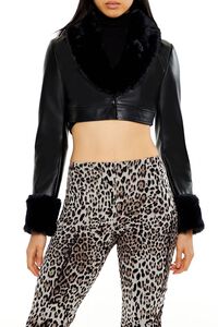 BLACK Faux Leather & Fur Cropped Jacket, image 1