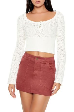GREEN Cropped Pointelle Sweater, image 1