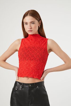 RED Mock Neck Lace Crop Top, image 1