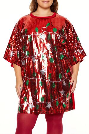 RED/MULTI Plus Size Sequin Christmas Lights T-Shirt Dress, image 2