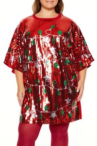 RED/MULTI Plus Size Sequin Christmas Lights T-Shirt Dress, image 2