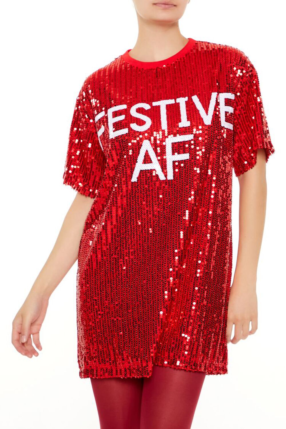 RED/WHITE Sequin Festive AF T-Shirt Dress, image 2