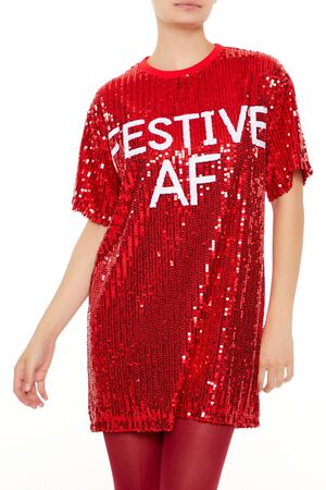 RED/WHITE Sequin Festive AF T-Shirt Dress, image 2