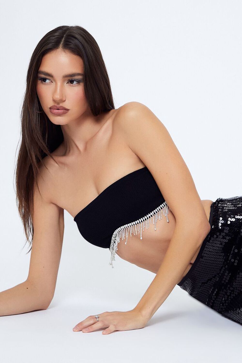 BLACK/SILVER Seamless Rhinestone Fringe Bralette, image 1