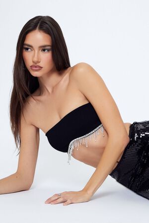 BLACK/SILVER Seamless Rhinestone Fringe Bralette, image 1