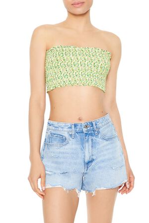LIME/MULTI Cropped Floral Print Tube Top, image 1