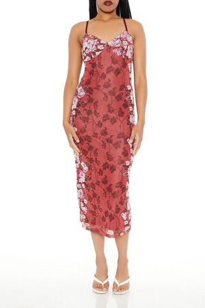 RUST/MULTI Mesh Floral Print Slip Midi Dress, image 1