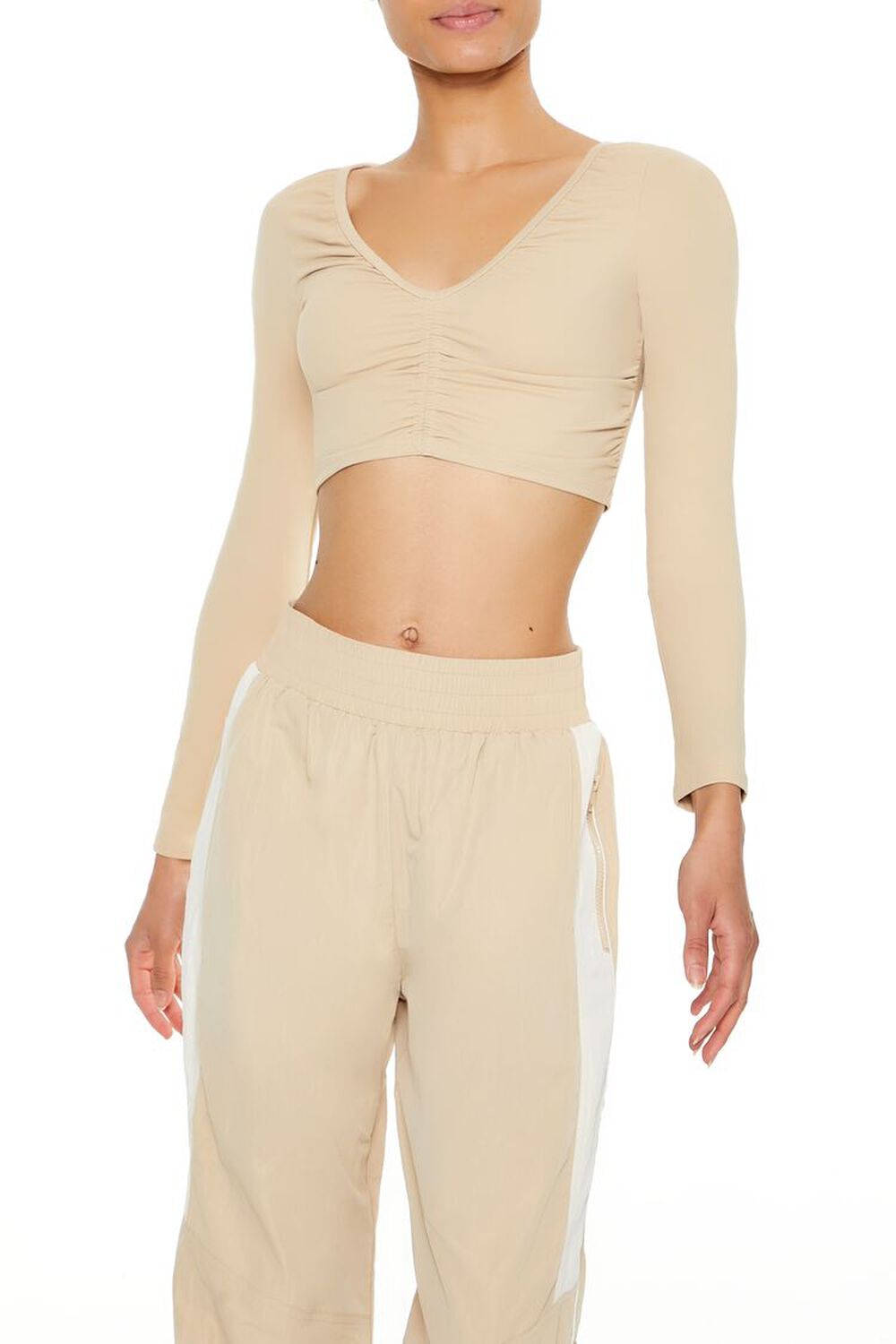 DESERT SAND Active Ruched V-Neck Crop Top, image 1