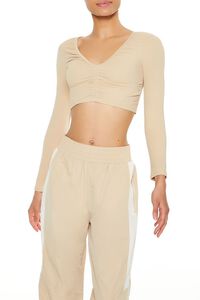 DESERT SAND Active Ruched V-Neck Crop Top, image 1