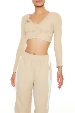 DESERT SAND Active Ruched V-Neck Crop Top, image 1