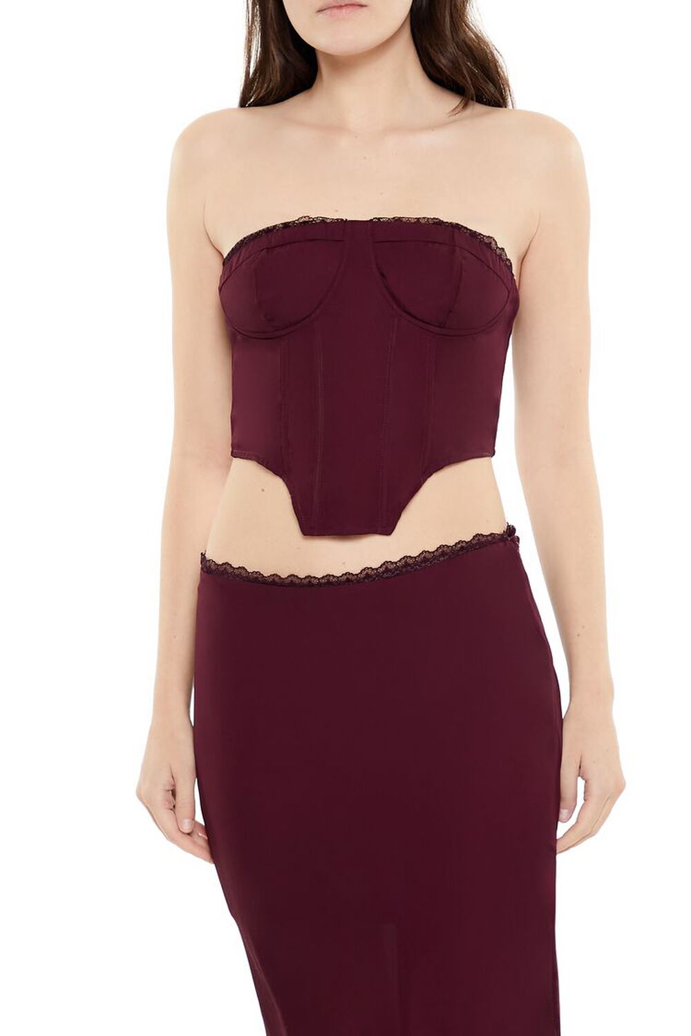 BURGUNDY Lace-Trim Bustier Tube Crop Top, image 1
