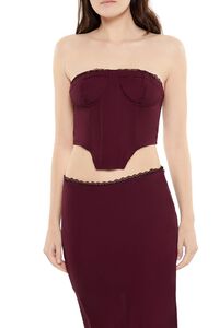 BURGUNDY Lace-Trim Bustier Tube Crop Top, image 1