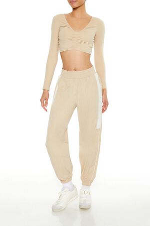 DESERT SAND Active Ruched V-Neck Crop Top, image 2