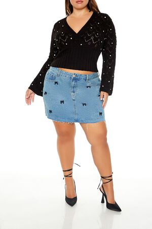 WHITE Plus Size Pointelle Surplice Sweater, image 2