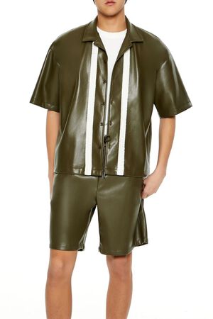OLIVE/CREAM Striped Faux Leather Shirt, image 1
