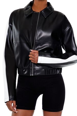 BLACK Cropped Colorblock Moto Jacket, image 3