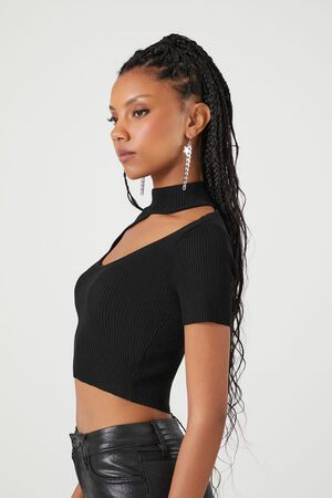 BLACK Sweater-Knit Cutout Crop Top, image 2
