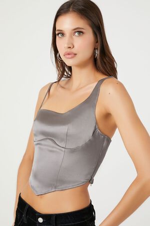 DARK GREY Satin One-Shoulder Bustier Crop Top, image 2