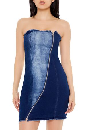 DARK DENIM Zip-Up Denim Tube Mini Dress, image 2