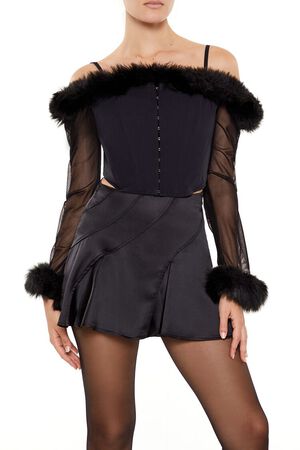 BLACK Faux Fur-Trim Open-Shoulder Top, image 1