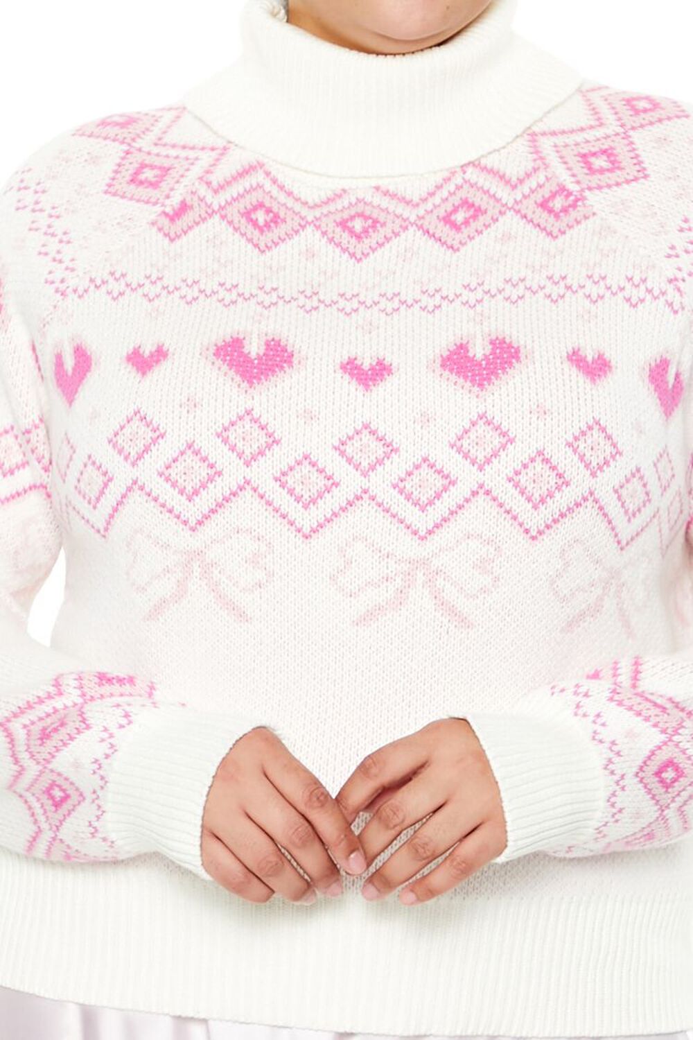 WHITE/PINK Plus Size Fair Isle Turtleneck Sweater, image 3