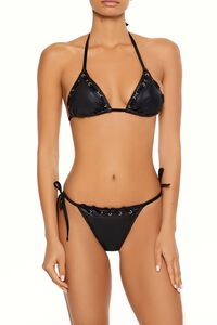 BLACK Faux Leather Laced String Bikini Bottoms, image 3