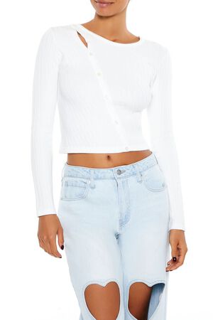 WHITE Cropped Button-Front Sweater, image 1