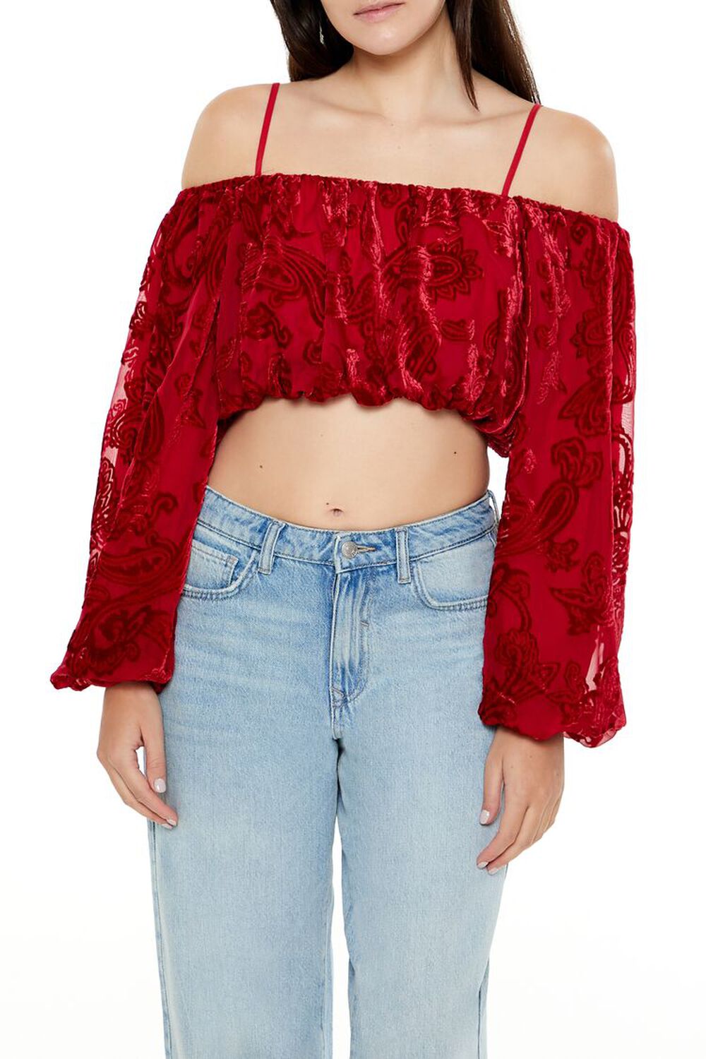 DARK RED Paisley Open-Shoulder Crop Top, image 1