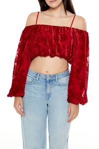 DARK RED Paisley Open-Shoulder Crop Top, image 1