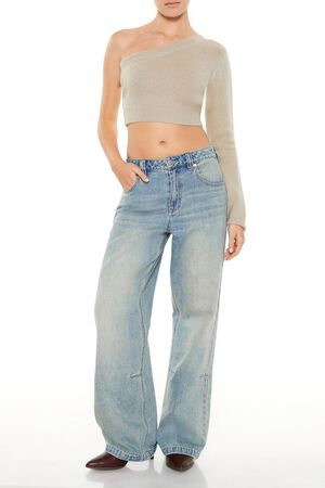 OATMEAL Sweater-Knit One-Shoulder Crop Top, image 2
