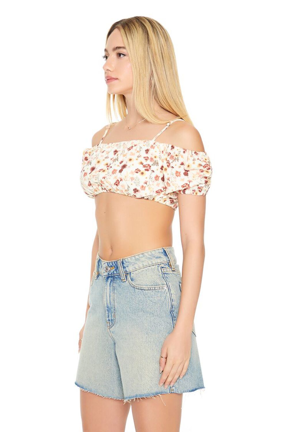 COPPER/MULTI Floral Print Open-Shoulder Crop Top, image 2