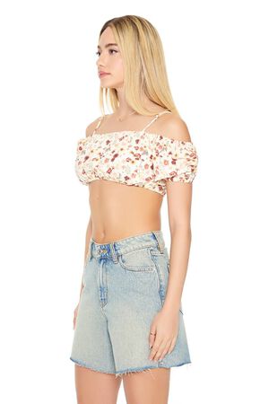 COPPER/MULTI Floral Print Open-Shoulder Crop Top, image 2