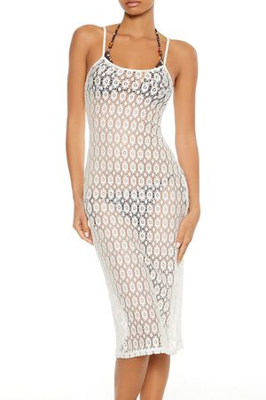 WHITE Floral Crochet Swim Cover-Up Midi Dress, image 2