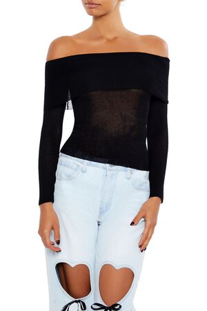 PALE GREEN Foldover Off-the-Shoulder Sweater, image 1