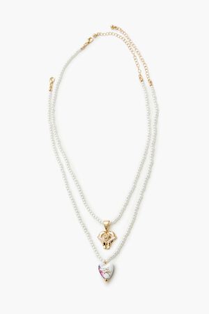 WHITE/PINK Faux Pearl Heart Necklace Set, image 1